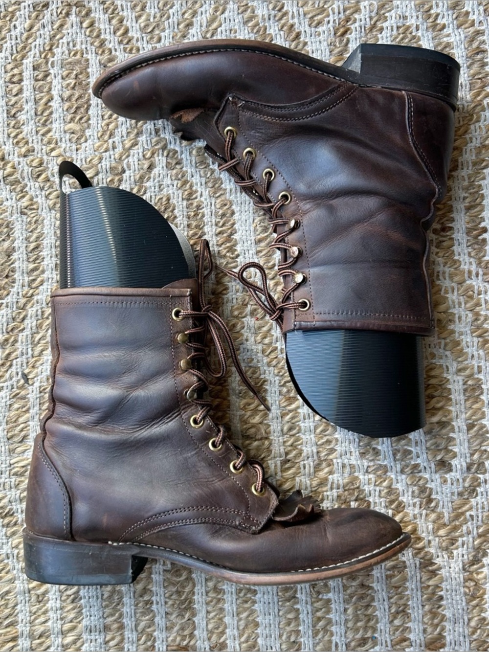 Laredo Brown Leather Kiltie Lace Up Boots Brown Size 9 - Picture 4 of 7